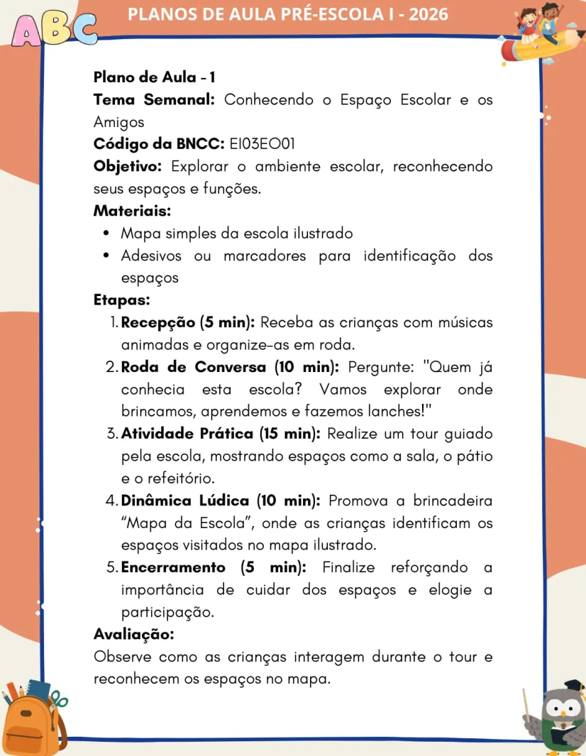 Pré-Escola I — Plano de Aula 1: Conhecendo o Espaço Escolar