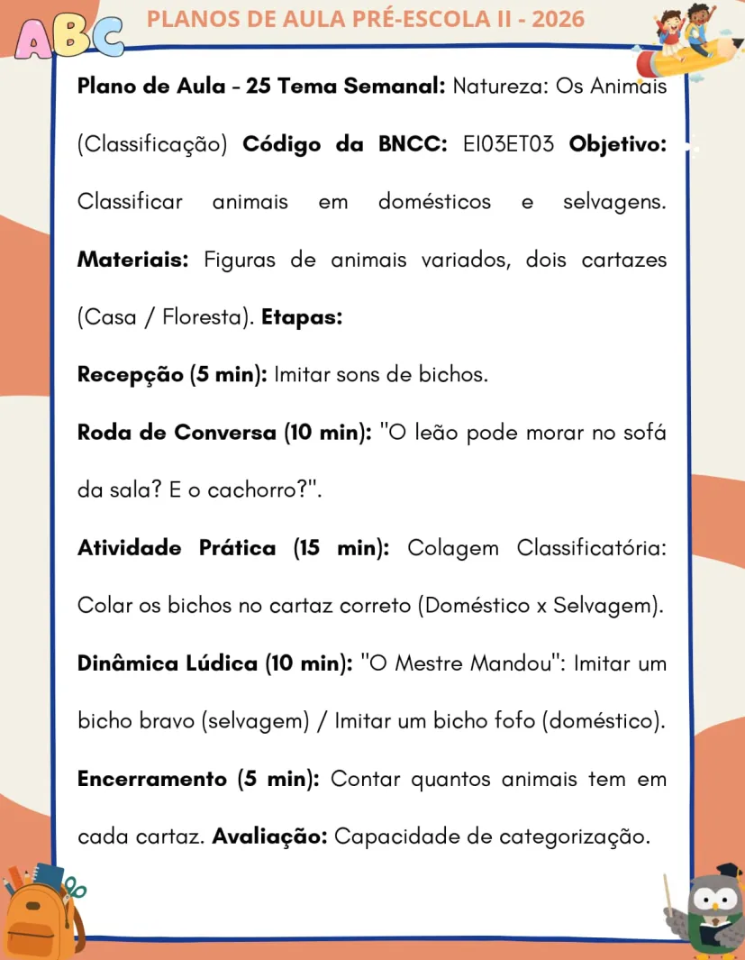 Pré-Escola II — Plano de Aula 25: Natureza — Os Animais
