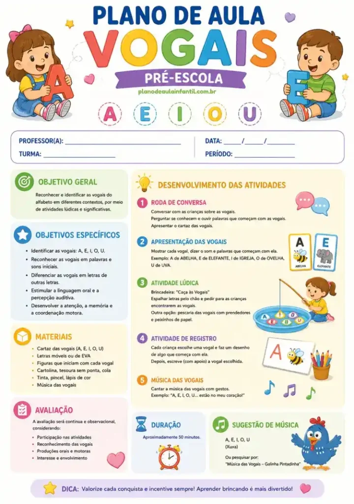 Plano de Aula Vogais para Pré-Escola Grátis em PDF