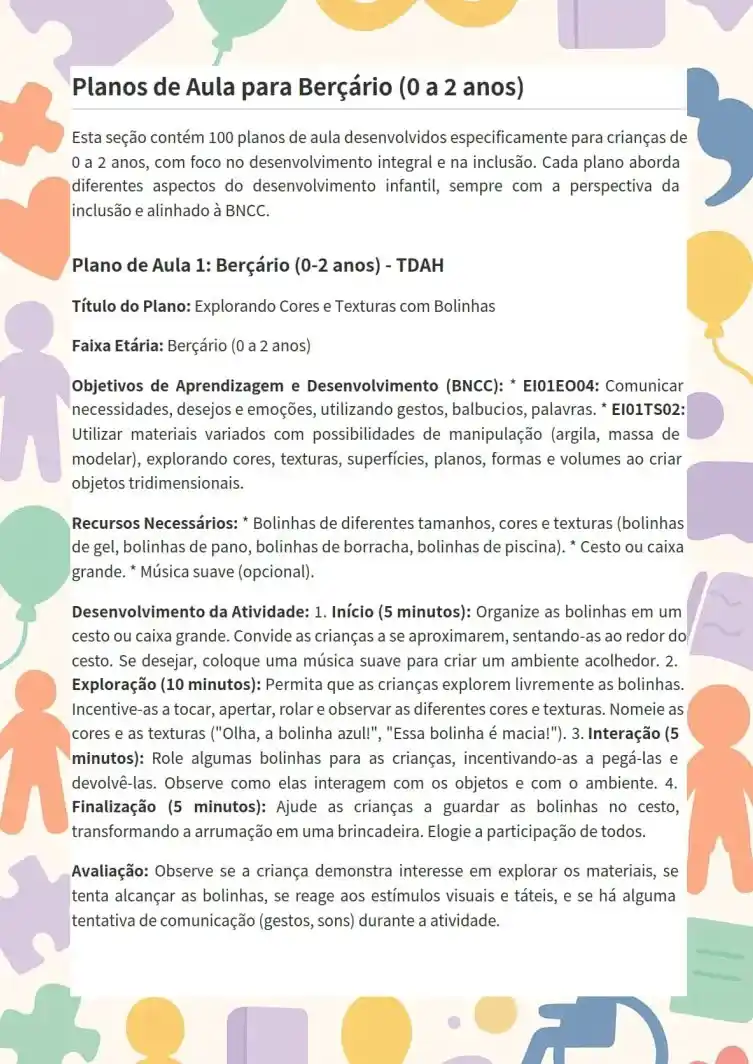 Plano de Aula 1 — Berçário: Explorando Cores e Texturas com Bolinhas (TDAH)
