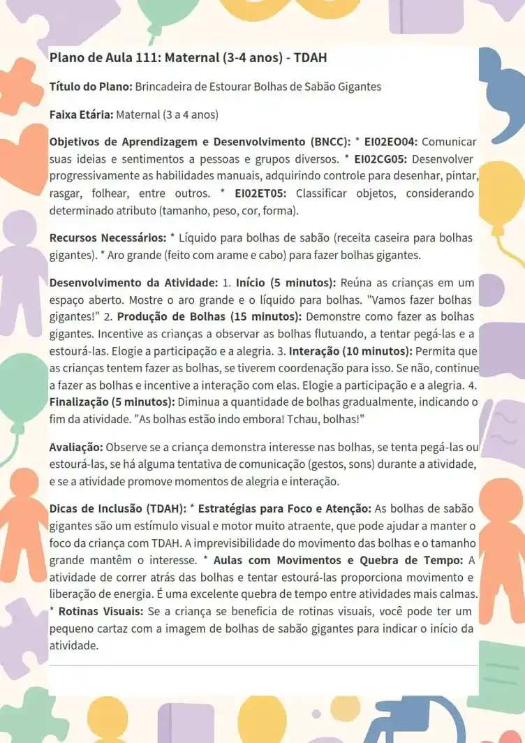 Plano de Aula 111 — Maternal: Bolhas de Sabão Gigantes (TDAH)
