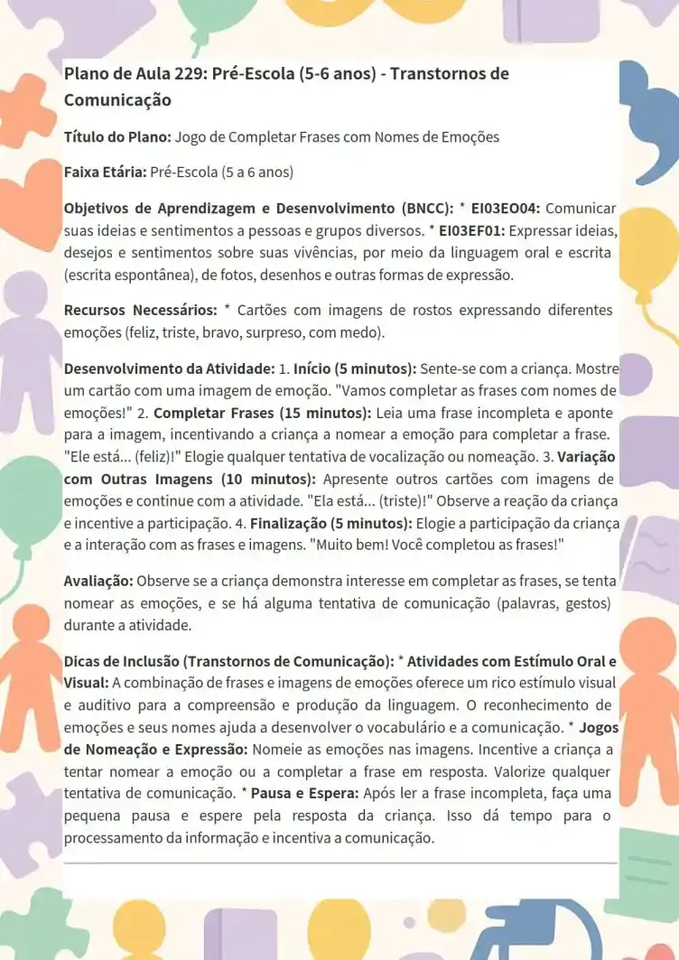 Plano de Aula 229 — Pré-Escola: Completar Frases com Emoções (Transtornos de Comunicação)