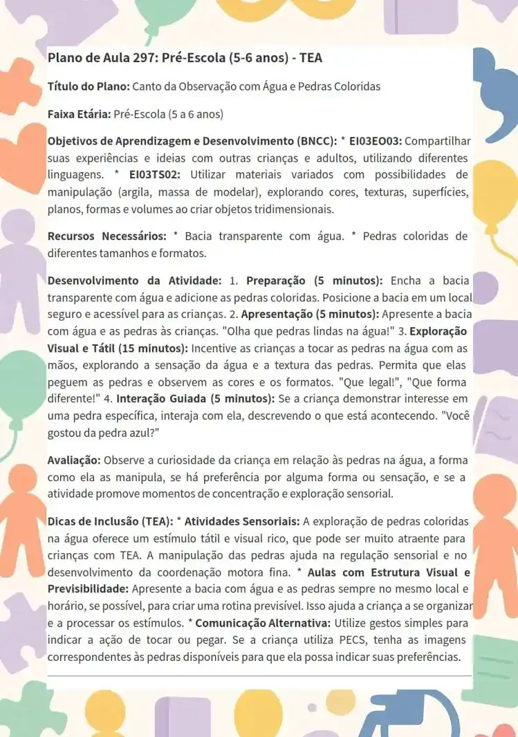 Plano de Aula 297 — Pré-Escola: Observação com Água e Pedras Coloridas (TEA)