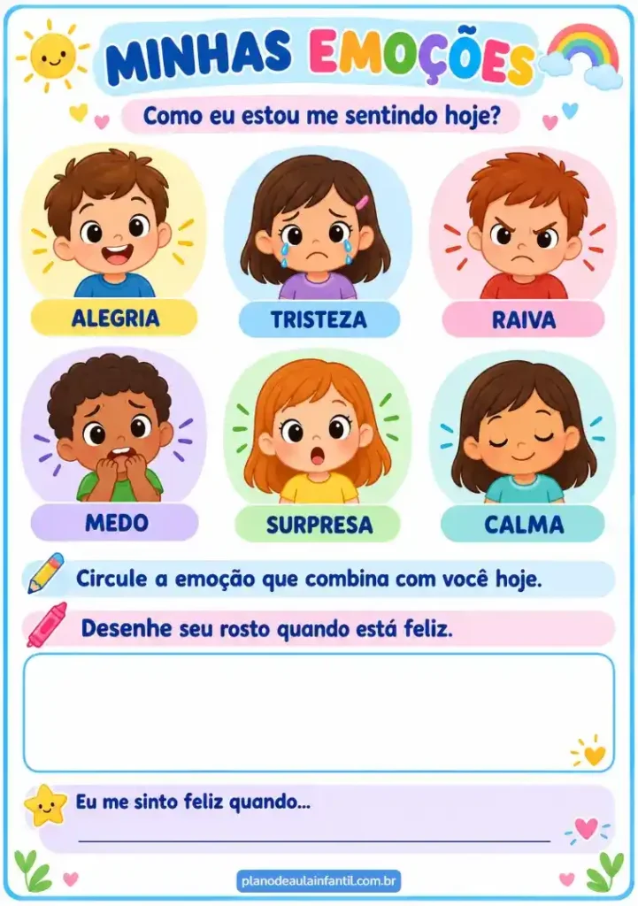 Plano de aula das emoções para pré-escola para imprimir grátis em pdf