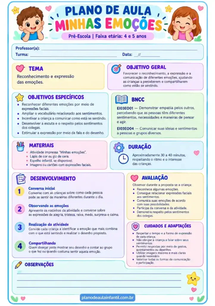 Plano de aula das emoções para pré-escola para imprimir grátis em pdf