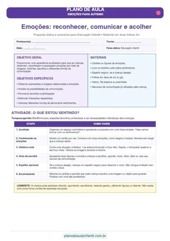 Plano de aula das emoções para autismo para imprimir em pdf grátis