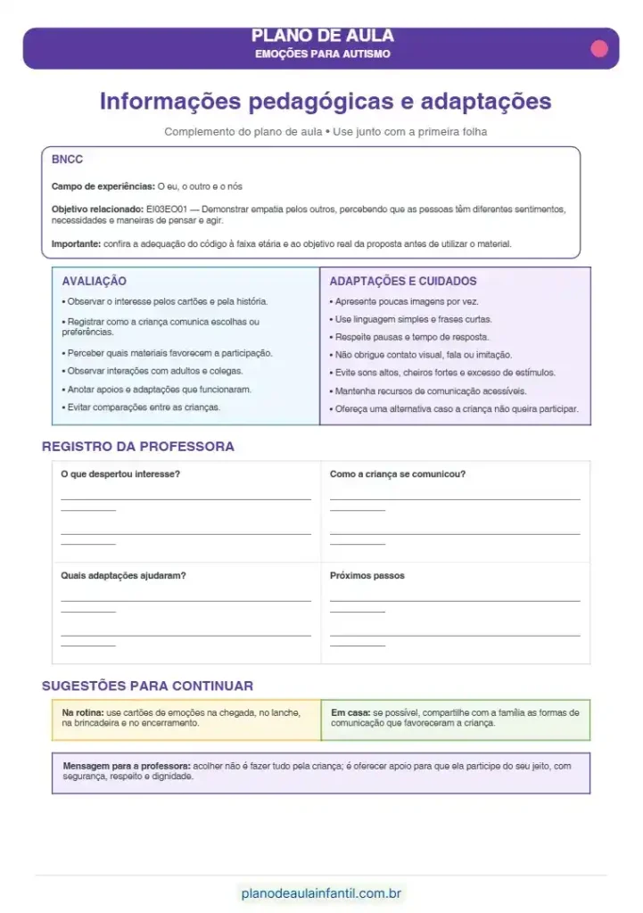 Plano de aula das emoções para autismo para imprimir em pdf grátis