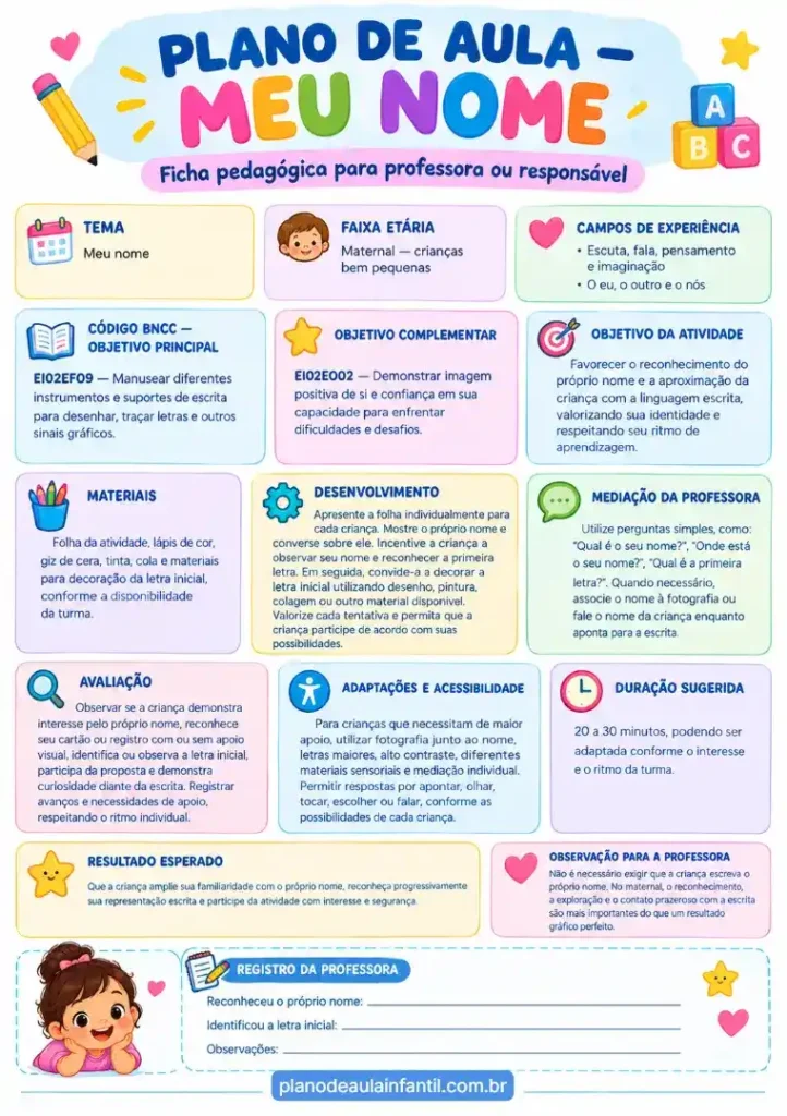 Plano de aula meu nome maternal grátis em pdf
